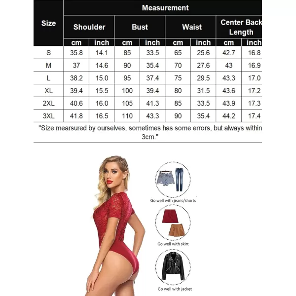 Avidlove Women Lace Short Sleeve Bodysuit Sexy Deep V Snap Crotch Leotard Tops SXXLShort Sleeve Wine Redwith Snap Crotch