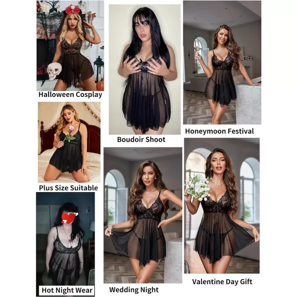 Avidlove Women Lingerie Babydoll Lace Nightgown Mesh Chemise Boudoir Nighty Teddy Lingerie1black