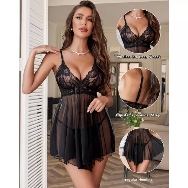 Avidlove Women Lingerie Babydoll Lace Nightgown Mesh Chemise Boudoir Nighty Teddy Lingerie1black