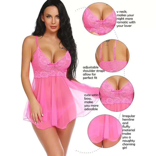 Avidlove Women Lingerie Babydoll Lace Nightgown Mesh Chemise Boudoir Nighty Teddy Lingerie3hot Pink