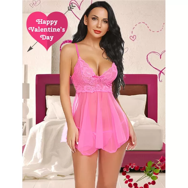 Avidlove Women Lingerie Babydoll Lace Nightgown Mesh Chemise Boudoir Nighty Teddy Lingerie3hot Pink