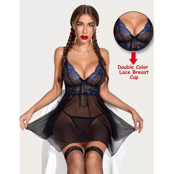 Avidlove Women Lingerie Babydoll Lace Nightgown Mesh Chemise Boudoir Nighty Teddy LingerieBlackampblue