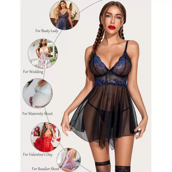 Avidlove Women Lingerie Babydoll Lace Nightgown Mesh Chemise Boudoir Nighty Teddy LingerieBlackampblue