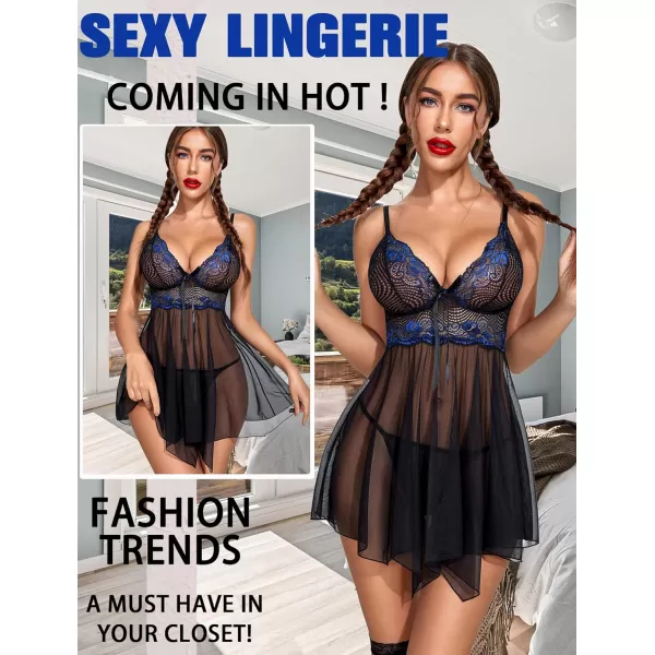 Avidlove Women Lingerie Babydoll Lace Nightgown Mesh Chemise Boudoir Nighty Teddy LingerieBlackampblue