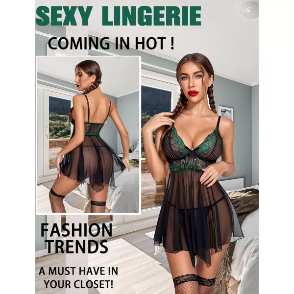 Avidlove Women Lingerie Babydoll Lace Nightgown Mesh Chemise Boudoir Nighty Teddy LingerieBlackampgreen