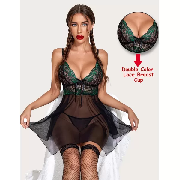 Avidlove Women Lingerie Babydoll Lace Nightgown Mesh Chemise Boudoir Nighty Teddy LingerieBlackampgreen