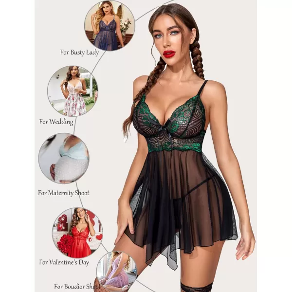 Avidlove Women Lingerie Babydoll Lace Nightgown Mesh Chemise Boudoir Nighty Teddy LingerieBlackampgreen