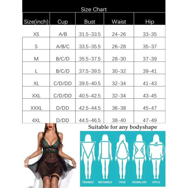 Avidlove Women Lingerie Babydoll Lace Nightgown Mesh Chemise Boudoir Nighty Teddy LingerieBlackampgreen