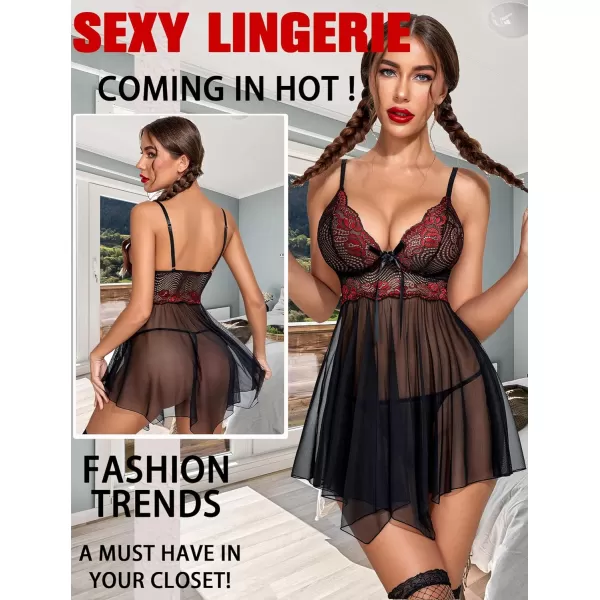 Avidlove Women Lingerie Babydoll Lace Nightgown Mesh Chemise Boudoir Nighty Teddy LingerieBlackampred