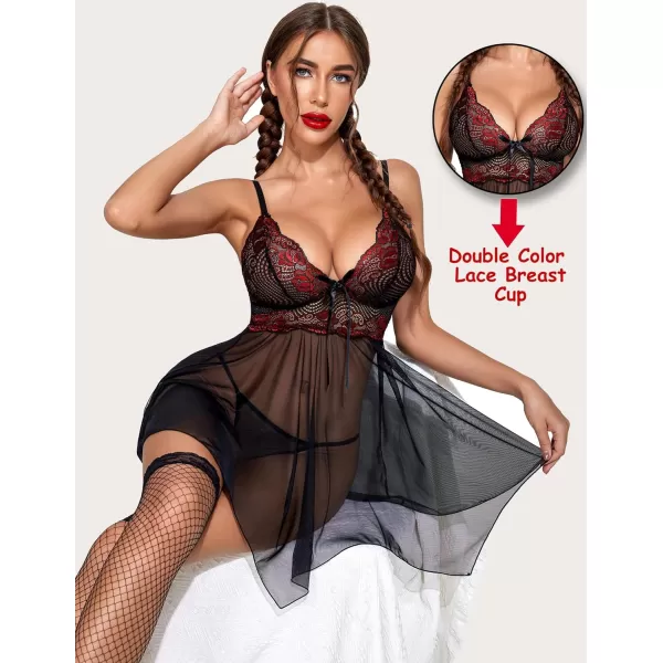 Avidlove Women Lingerie Babydoll Lace Nightgown Mesh Chemise Boudoir Nighty Teddy LingerieBlackampred