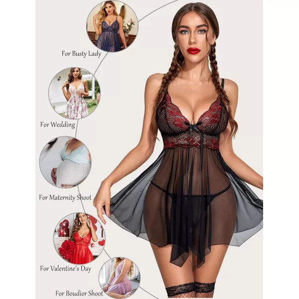 Avidlove Women Lingerie Babydoll Lace Nightgown Mesh Chemise Boudoir Nighty Teddy LingerieBlackampred