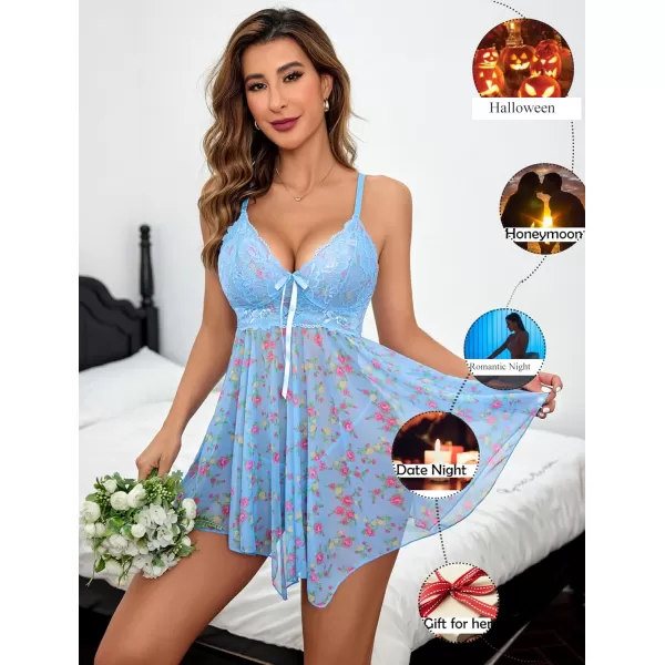 Avidlove Women Lingerie Babydoll Lace Nightgown Mesh Chemise Boudoir Nighty Teddy LingerieBlue Small Floral