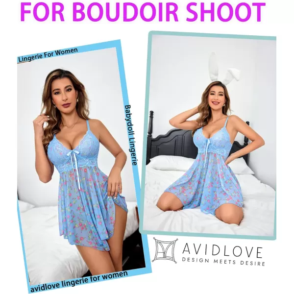 Avidlove Women Lingerie Babydoll Lace Nightgown Mesh Chemise Boudoir Nighty Teddy LingerieBlue Small Floral