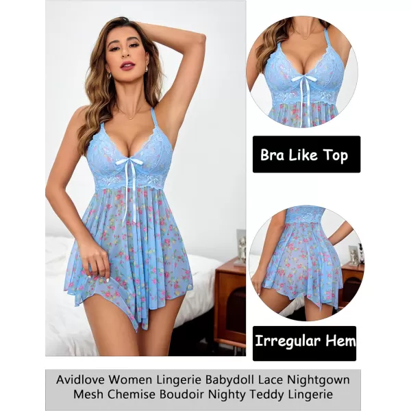 Avidlove Women Lingerie Babydoll Lace Nightgown Mesh Chemise Boudoir Nighty Teddy LingerieBlue Small Floral