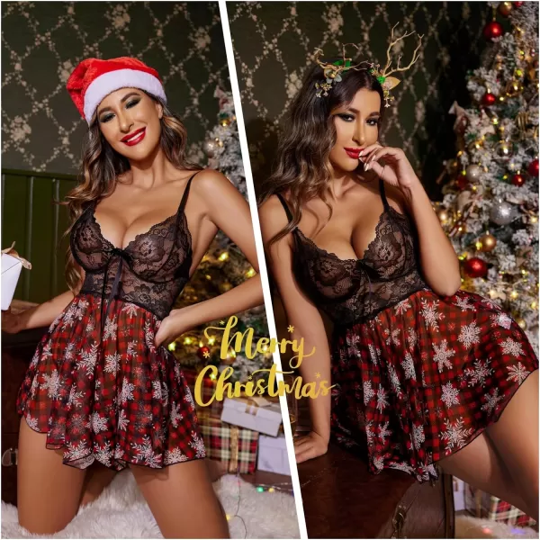 Avidlove Women Lingerie Babydoll Lace Nightgown Mesh Chemise Boudoir Nighty Teddy LingerieChristmas Print