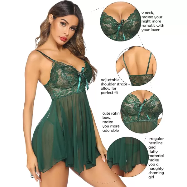 Avidlove Women Lingerie Babydoll Lace Nightgown Mesh Chemise Boudoir Nighty Teddy LingerieDark Green