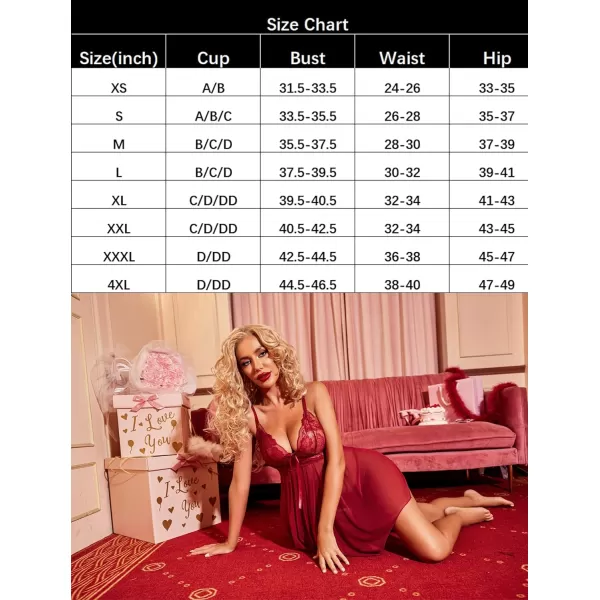 Avidlove Women Lingerie Babydoll Lace Nightgown Mesh Chemise Boudoir Nighty Teddy LingerieDark Red