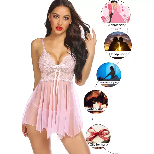 Avidlove Women Lingerie Babydoll Lace Nightgown Mesh Chemise Boudoir Nighty Teddy LingeriePink