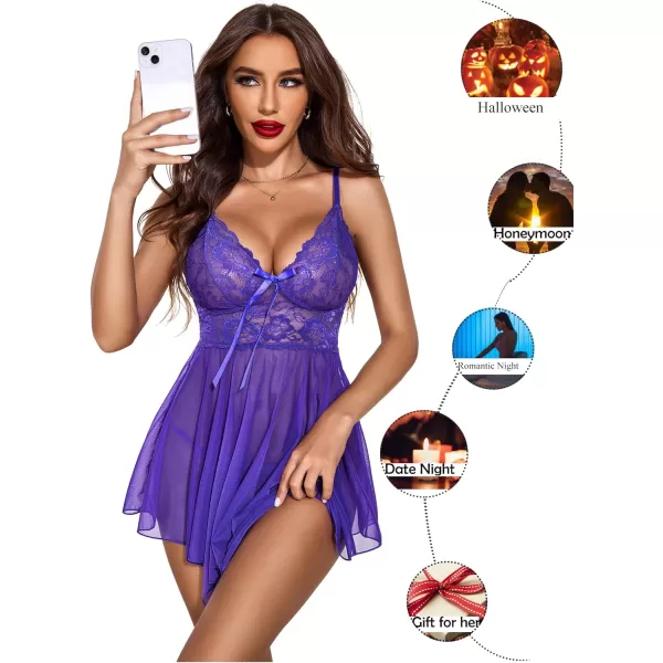 Avidlove Women Lingerie Babydoll Lace Nightgown Mesh Chemise Boudoir Nighty Teddy LingeriePurple