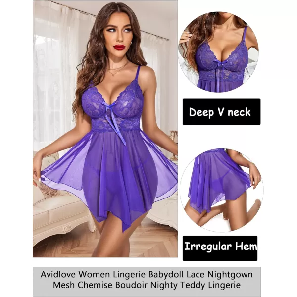 Avidlove Women Lingerie Babydoll Lace Nightgown Mesh Chemise Boudoir Nighty Teddy LingeriePurple