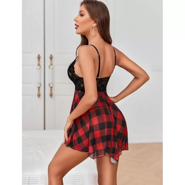 Avidlove Women Lingerie Babydoll Lace Nightgown Mesh Chemise Boudoir Nighty Teddy LingerieRed Plaid