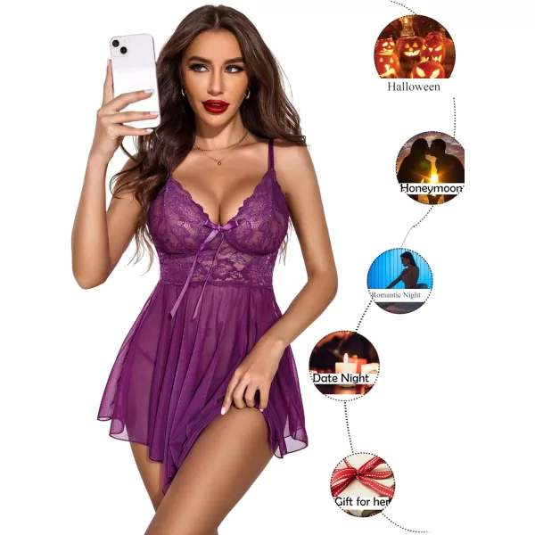 Avidlove Women Lingerie Babydoll Lace Nightgown Mesh Chemise Boudoir Nighty Teddy LingerieViolet