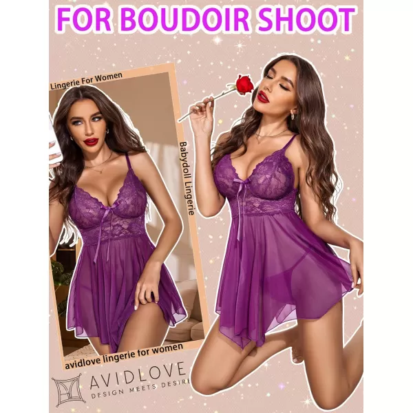 Avidlove Women Lingerie Babydoll Lace Nightgown Mesh Chemise Boudoir Nighty Teddy LingerieViolet