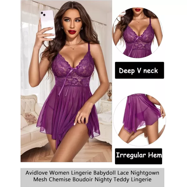 Avidlove Women Lingerie Babydoll Lace Nightgown Mesh Chemise Boudoir Nighty Teddy LingerieViolet