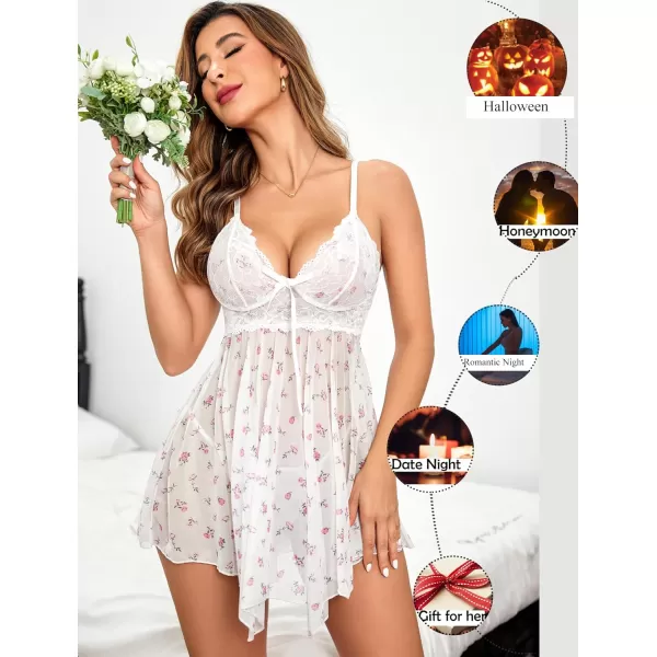 Avidlove Women Lingerie Babydoll Lace Nightgown Mesh Chemise Boudoir Nighty Teddy LingerieWhite Small Floral