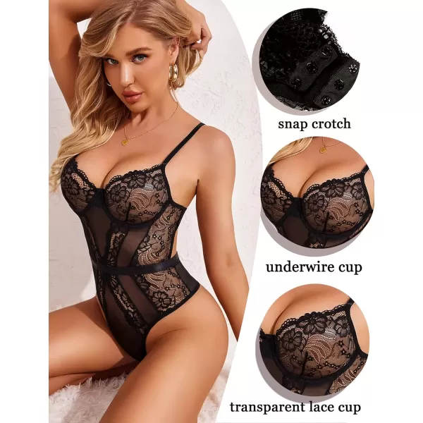 Avidlove Women Lingerie Bodysuit Lace Teddy Snap Crotch One Piece Underwire BabydollBlack