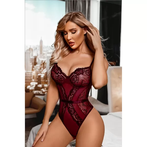 Avidlove Women Lingerie Bodysuit Lace Teddy Snap Crotch One Piece Underwire BabydollDeep Red