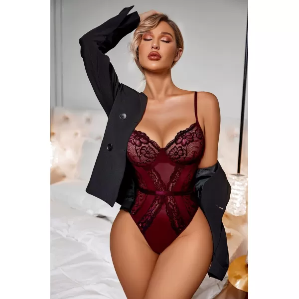 Avidlove Women Lingerie Bodysuit Lace Teddy Snap Crotch One Piece Underwire BabydollDeep Red