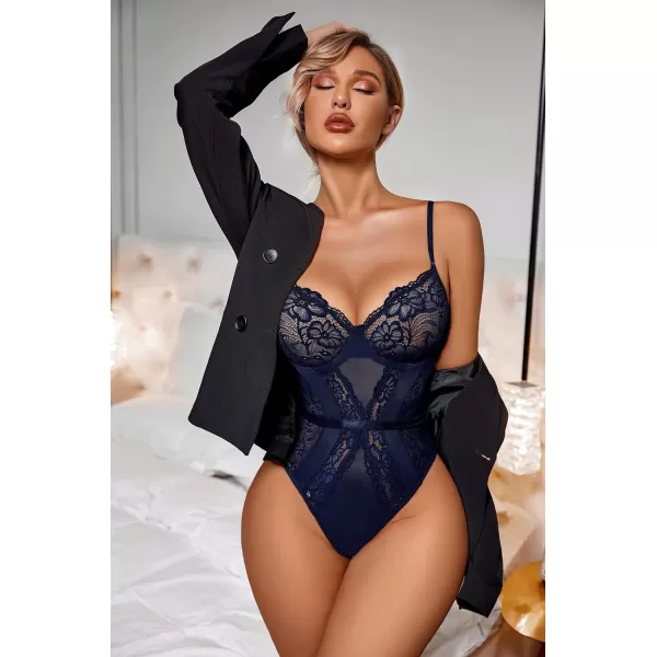 Avidlove Women Lingerie Bodysuit Lace Teddy Snap Crotch One Piece Underwire BabydollNavy Blue