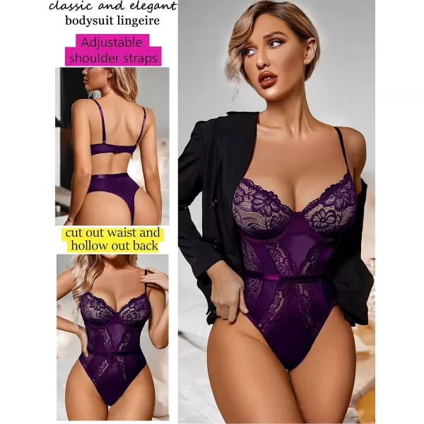 Avidlove Women Lingerie Bodysuit Lace Teddy Snap Crotch One Piece Underwire BabydollPurple