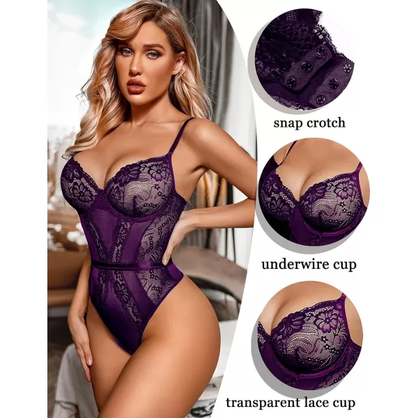 Avidlove Women Lingerie Bodysuit Lace Teddy Snap Crotch One Piece Underwire BabydollPurple