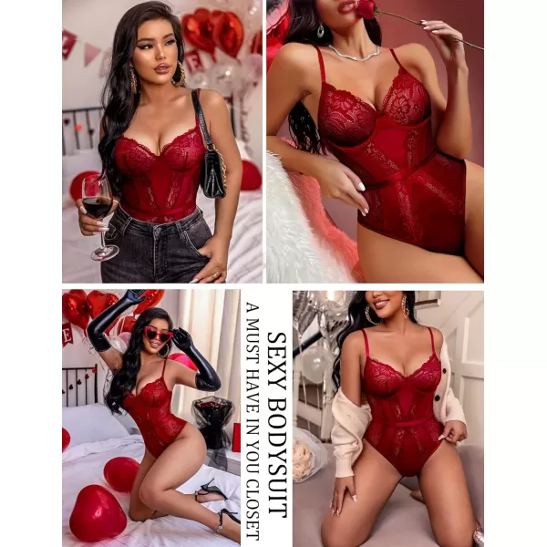 Avidlove Women Lingerie Bodysuit Lace Teddy Snap Crotch One Piece Underwire BabydollWine Red