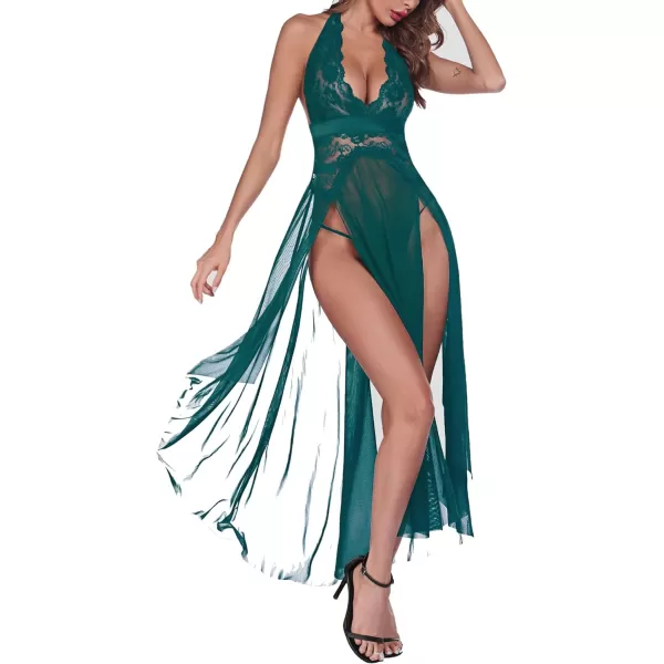 Avidlove Women Lingerie Deep V Neck Nightwear One Piece Sexy Nightgowns Mosaic Lace Mesh DressDark Green