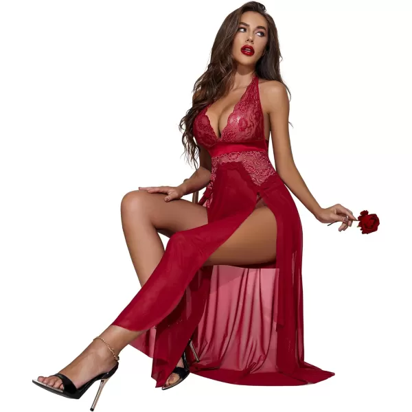 Avidlove Women Lingerie Deep V Neck Nightwear One Piece Sexy Nightgowns Mosaic Lace Mesh DressDark Red