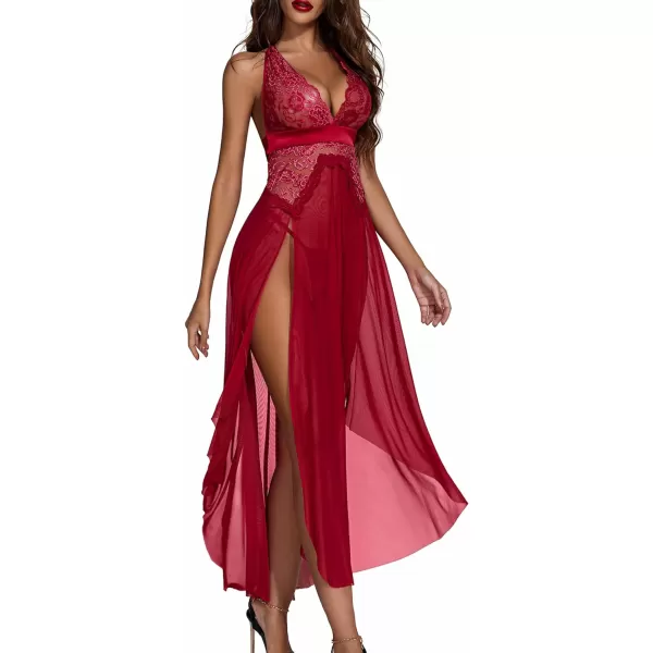 Avidlove Women Lingerie Deep V Neck Nightwear One Piece Sexy Nightgowns Mosaic Lace Mesh DressDark Red