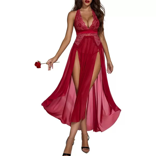 Avidlove Women Lingerie Deep V Neck Nightwear One Piece Sexy Nightgowns Mosaic Lace Mesh DressDark Red