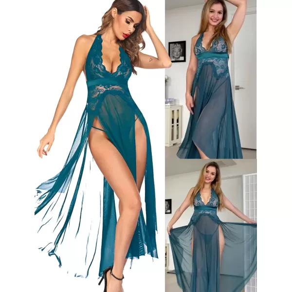 Avidlove Women Lingerie Deep V Neck Nightwear One Piece Sexy Nightgowns Mosaic Lace Mesh DressGreen