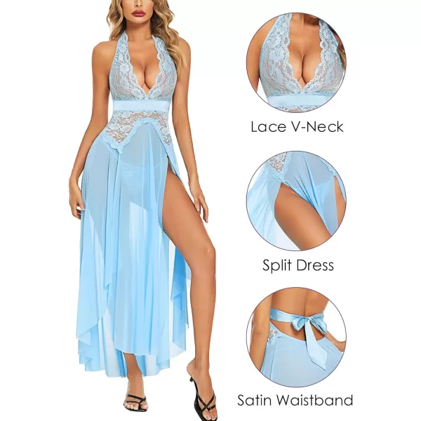 Avidlove Women Lingerie Deep V Neck Nightwear One Piece Sexy Nightgowns Mosaic Lace Mesh DressLight Blue