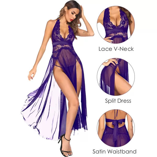 Avidlove Women Lingerie Deep V Neck Nightwear One Piece Sexy Nightgowns Mosaic Lace Mesh DressPurple