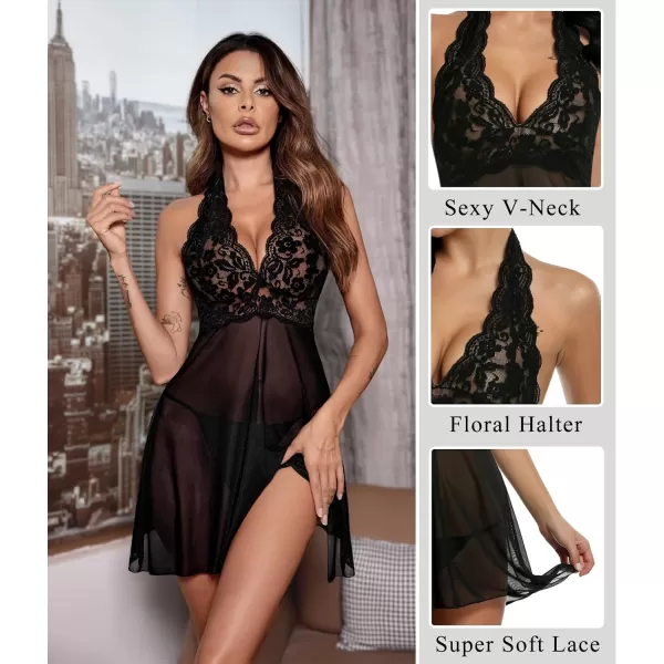 Avidlove Women Lingerie Halter Chemise Lace Babydoll Mesh Nightwear V Neck Teddy1black