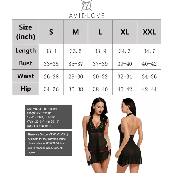 Avidlove Women Lingerie Halter Chemise Lace Babydoll Mesh Nightwear V Neck Teddy1black