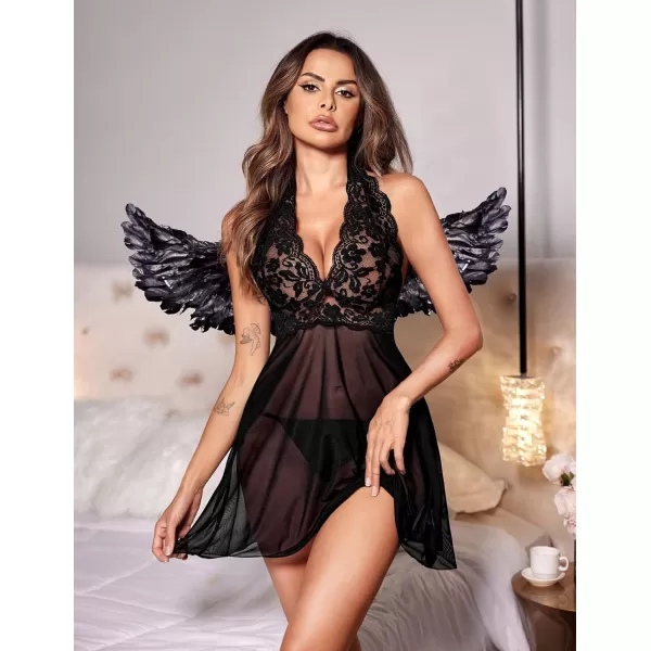 Avidlove Women Lingerie Halter Chemise Lace Babydoll Mesh Nightwear V Neck Teddy1black