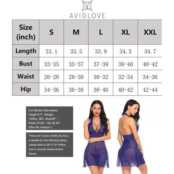 Avidlove Women Lingerie Halter Chemise Lace Babydoll Mesh Nightwear V Neck TeddyBlue