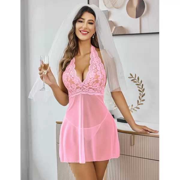 Avidlove Women Lingerie Halter Chemise Lace Babydoll Mesh Nightwear V Neck TeddyDeep Pink