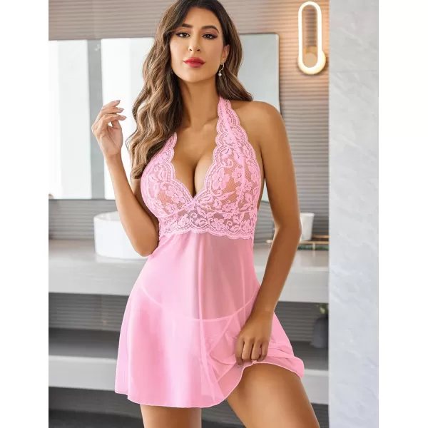 Avidlove Women Lingerie Halter Chemise Lace Babydoll Mesh Nightwear V Neck TeddyDeep Pink