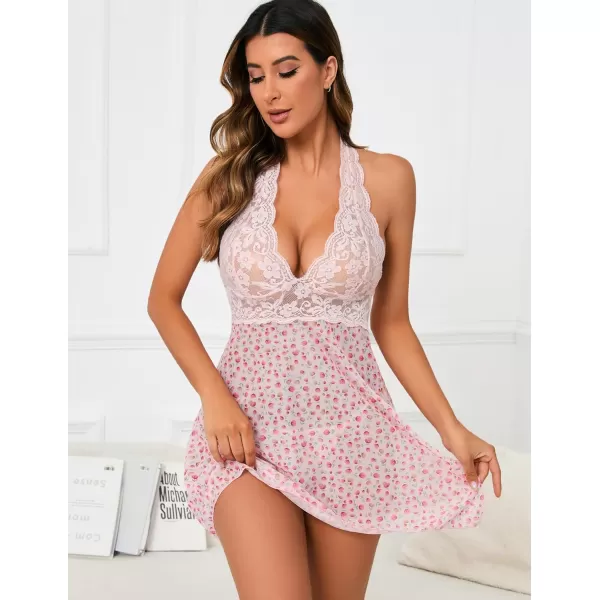 Avidlove Women Lingerie Halter Chemise Lace Babydoll Mesh Nightwear V Neck TeddyLight Pink Floral